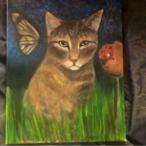 Tabby Cat acrylic hand painted pet portrait wall art 11x14 inch canvas painting.